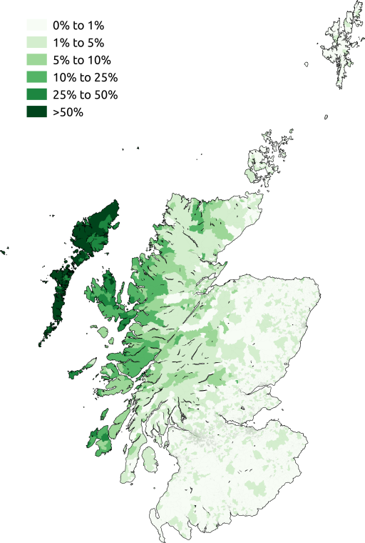 Distribution of Scots Gaelic speakers in Scotland as of the 2011 census.